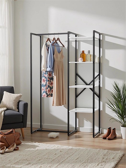 Вешалка напольная для одежды с полками LILY, металлическая в прихожую и гардеробную, 150х97х40 см, Белая 328Б
